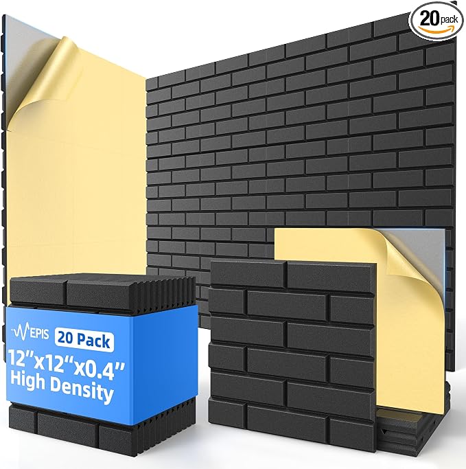 20 Pack Acoustic Panels with Self Adhesive, 12" X 12" X 0.4" High Density Sound Proof Foam Panels for Walls, Soundproof Wall Panels, Brick Sound Absorbing Panels for Home Studio Office Decor - Black