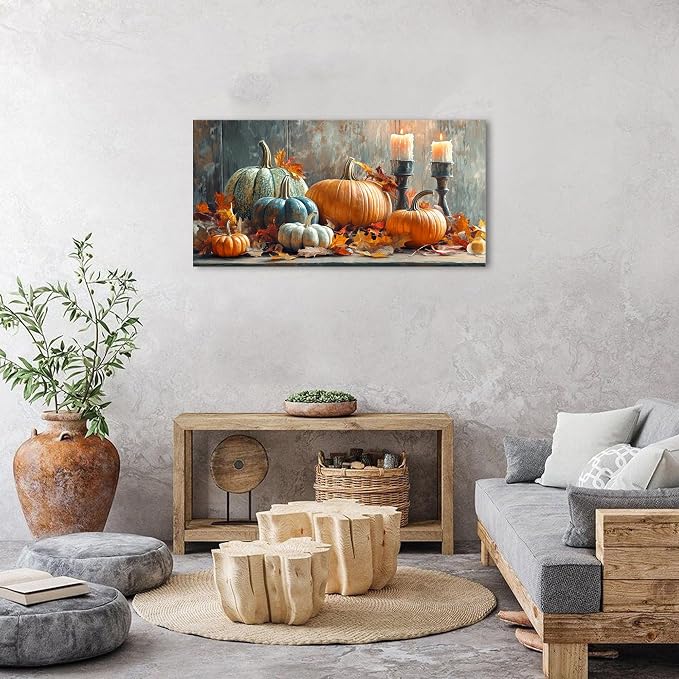 Farmhouse Kitchen Decor Pumpkin Wall Decor Maple Leaves Painting White Orange Pumpkin Canvas Prints Rustic Fall Harvest Themed Picture Still Life Artwork for Bedroom Dining Room Home Decoration 24x48"