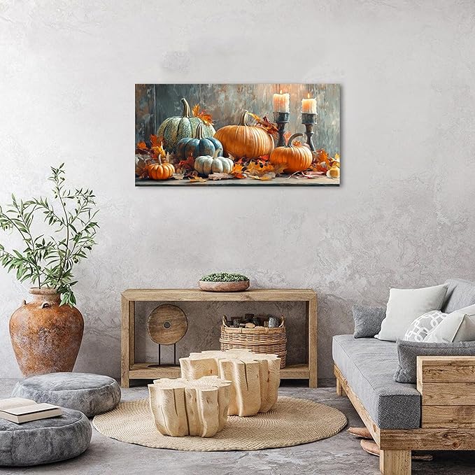 Pumpkin Wall Art Fall Kitchen Wall Decor Farmhouse Halloween Pictures Autumn Maple Leaves Canvas Prints Orange Pumpkins Painting Thanksgiving Artwork for Dining Room Bedroom Home Decoration 20x40"