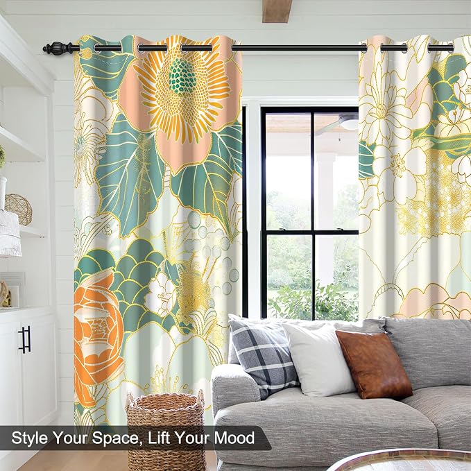 Boho Blackout Curtains for Bedroom and Living Room, Bohemian Floral Patterned Black Out Curtains 84 inch Long 2 Panels Set, Grommet Thermal Insulated Sound Proof Room Darkening Nursery Window Drapes