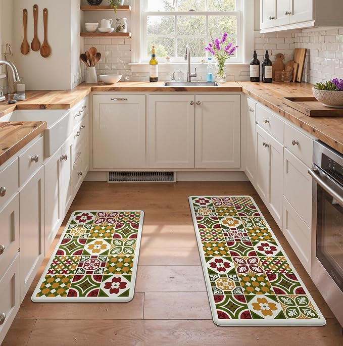 GENIMO Anti Fatigue Kitchen Mats for Floor 2PCS, Cushioned Standing Mats | 17.3"x47"&17.3"x30", Light Green vintage floral rug set, waterproof, non slip, easy-clean for farmhouse