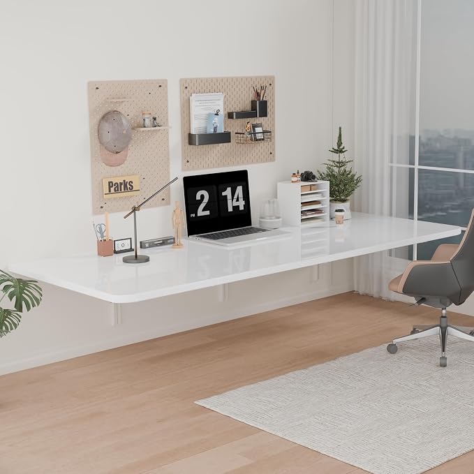 IAE 55" x 22" Floating Foldable Desk,Wall-Mounted Folding Computer Table with Engineered Wood,Study Table with Shelf Brackets,Fold Down Shelf,Fold Computer Desk for Small Spaces,Holds 500 lb,White