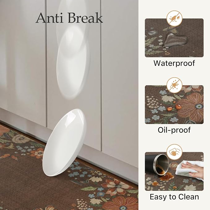 GENIMO Anti Fatigue Kitchen Mats for Floor 2PCS, Cushioned Standing Mats | 17.3"x59"&17.3"x30", Light Brown vintage floral rug set, waterproof, non slip, easy-clean for farmhouse