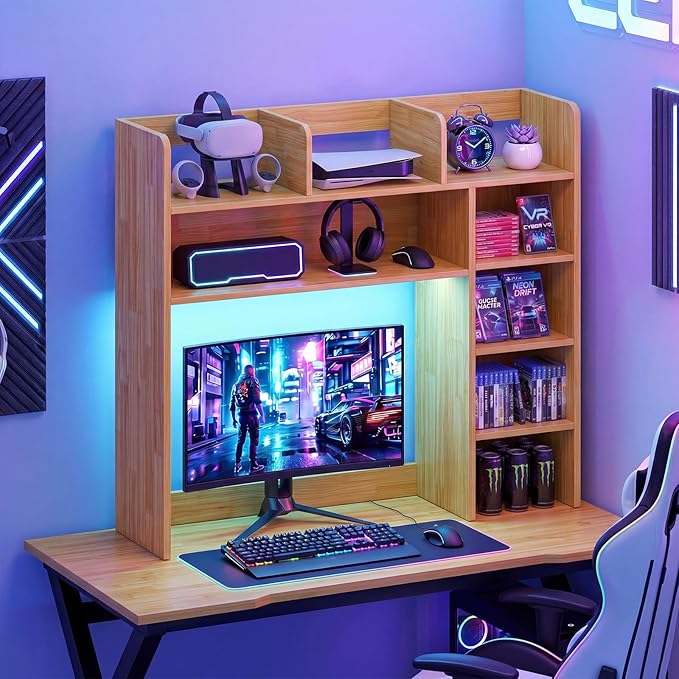 Tangkula Desktop Bookshelf with LED Lights, Desk Hutch with 8 Shelves for Max 25" Monitor, Desktop 5-Tier Display Rack, Wood Desktop Storage Hutch Organizer for Dorm Office Home, Burlywood