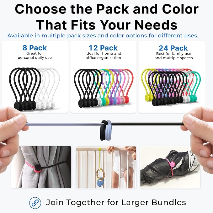 COOLMI Magnetic Cable Ties 12 Pack, 6.88 Inch Reusable Silicone Cord Organizer Wraps, Magnetic Cable Straps for Charging Cords, USB Cables, Earbuds, Travel, Black & Assorted