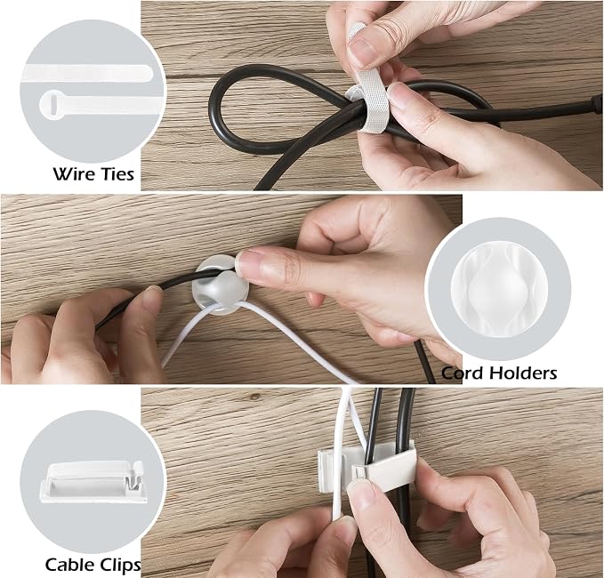 KHAMAL Cable Management Under Desk 26PCS - Cable Management Tray Kit Ventilated Hexagonal Design with Cable Clips, Wire Ties, Cord Holder & Screws for Office, Home - 2 White Sets