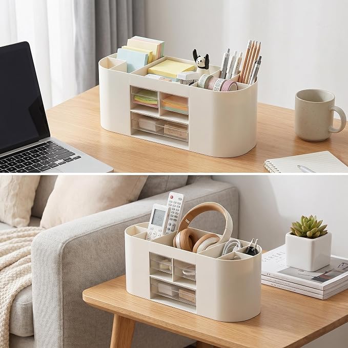 Desk Organizer with Drawers, Office Supplies Storage, White | Customizable desktop storage with removable dividers and 3 clear drawers for pens, notes, clips and everyday office supplies.