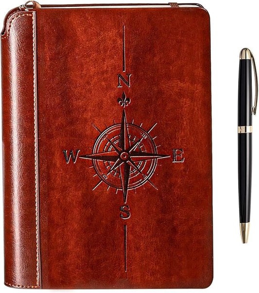 SETTINI® Lined Journal - Compass Journal for Writing Gift Set - Hardcover Vegan Leather, Includes Luxury Pen in a Unique Pen Holder, 192 Pages, A5, Birthday Gift, Journal for Men & Women