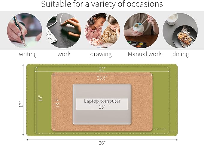 RENMTURE Dual-Sided Mouse Pad, Natural Cork & PU Leather Large Desk Pad for Office and Home Work, Desk Protector Non-Slip, Waterproof, Easy Clean (Olive Green, 23.6" x 13.7")