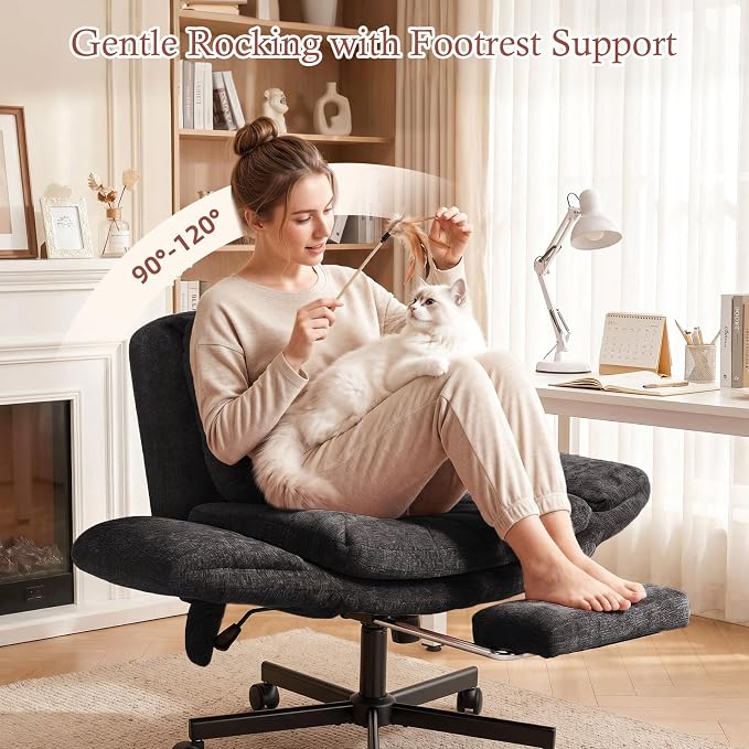 Criss Cross Office Chair with Footrest and 5-Gear Adjustable Arms, Black | Wide seat cross-legged desk chair, flip lumbar pillow, airbag support, chenille fabric, for home office vanity and meditation