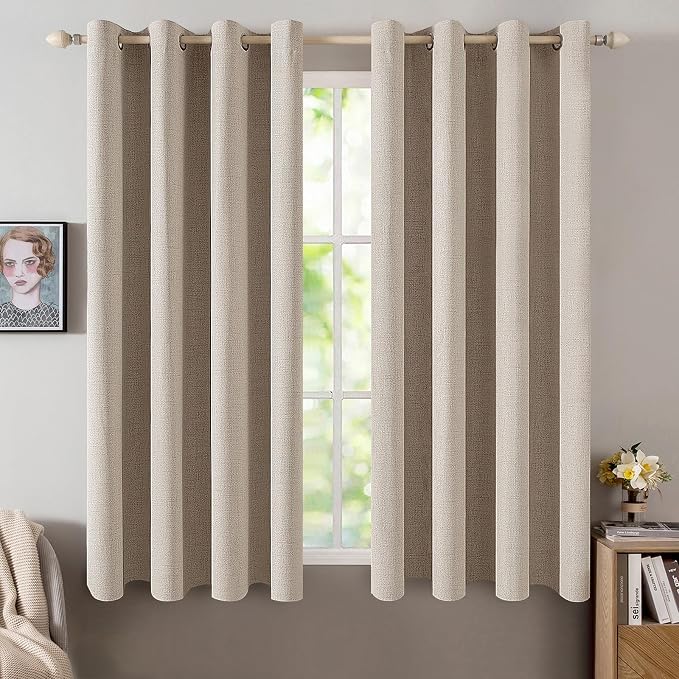 MIULEE Linen Textured Curtains for Bedroom Solid 100% Blackout Thermal Insulated Taupe Grommet Room Darkening Curtains & Drapes Luxury Decor for Living Room 52 x 45 Inch (2 Panels)