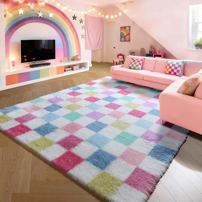 KICMOR Checkered Rug 8x10 for Living Room, Rainbow Colorful Fluffy Soft Large Area Rug Fuzzy Shag Shaggy Bedroom Carpet, Cute Indoor Plush Rugs for Kids Girls Boys Dorm Nursery Home Decor Aesthetic