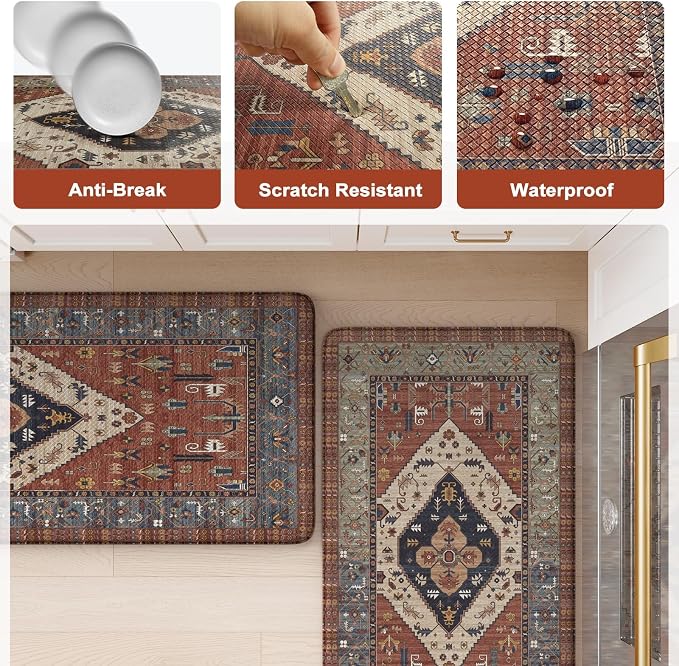 KIMODE Anti Fatigue Kitchen Mats for Floor 2 Piece, Farmhouse Kitchen Rugs, Non Slip Waterproof Kitchen Floor Mats, Memory Foam Standing Mats for Sink Laundry Office Desk Red 20"x71"+20"x32"