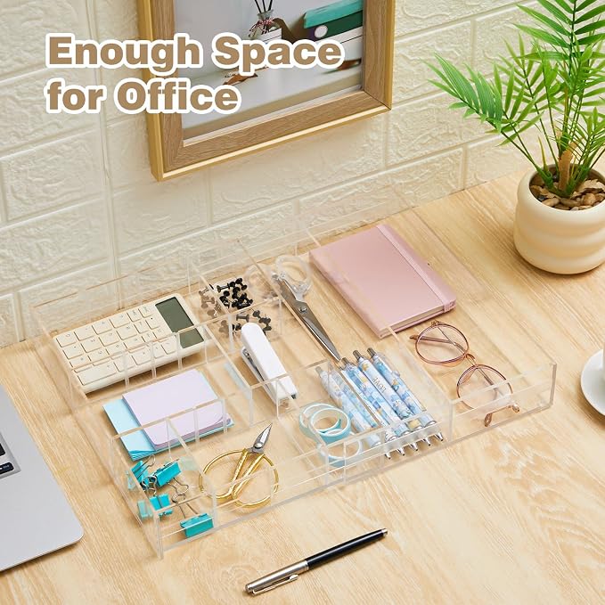 Briwooody Clear Acrylic Drawer Organizer Expandable,9 Compartments,Small | 9'' up to 18'' x 12'' x 2.1'' Desk Drawer Organizer Trays Adjustable with Desk Accessories for Makeup Office Bathroom