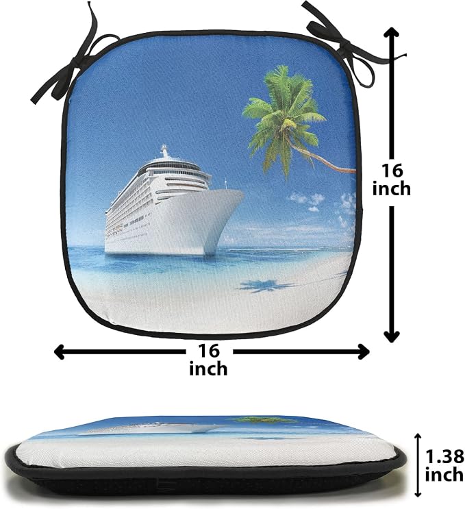Lunarable Travel Chair Cushion Pads Set of 8, Ship Coastline Palm Tree Sandy Beach Nature Sunny Day Exotic Journey Seascape, Anti-Slip Seat Padding for Kitchen & Patio, 16"x16", Blue Green White