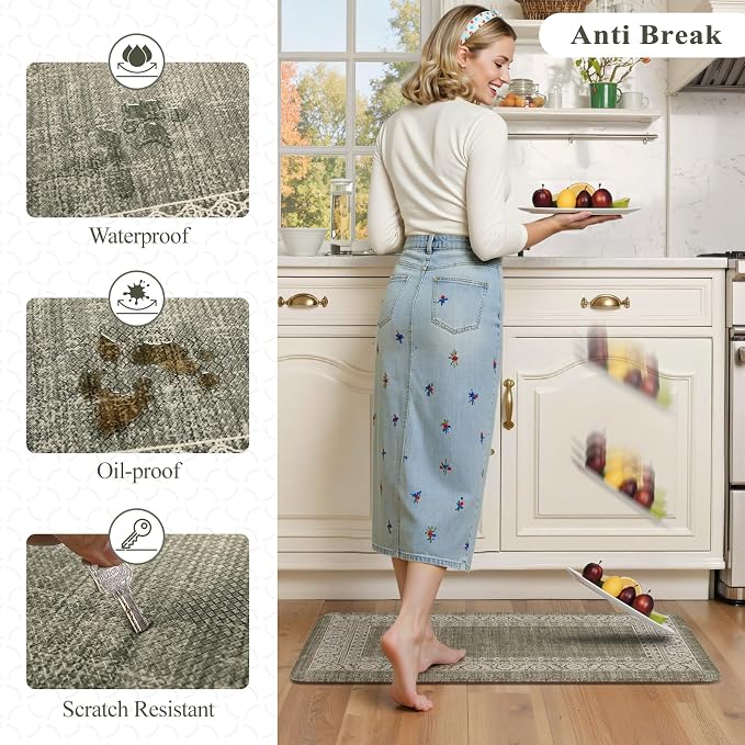 LEEVAN Anti Fatigue Kitchen Mats for Floor, Cushioned Kitchen Mat Set 2PCS | 17.3"x29"+17.3"x47", Boho Floral Green Kitchen Rugs Non-Slip, Waterproof Ergonomic Standing Mats for Laundry, Office & Sink