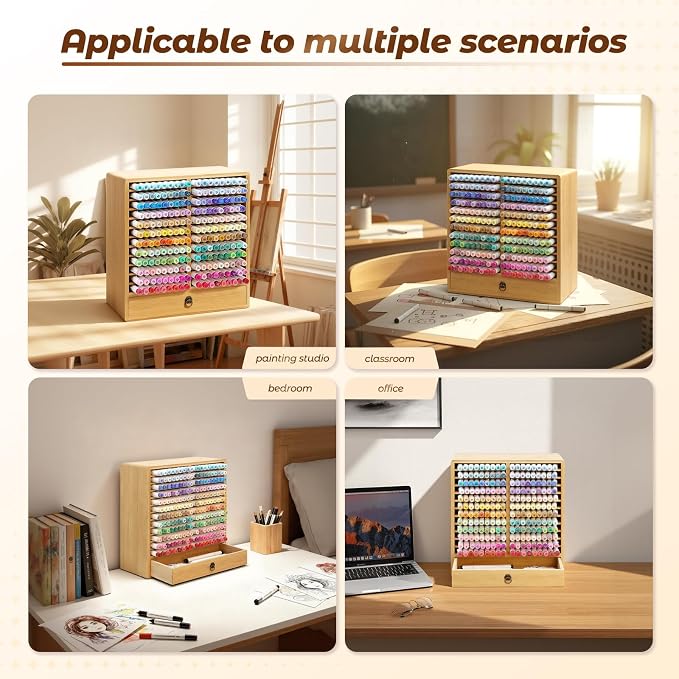 Marker Organizer, 24 Slots Wooden Storage for Up to 216 Markers with Drawer | Art Supply Alcohol Pen Storage Desktop Bamboo Marker Holder,Keeping Color Visible,Easy to Reach in Home Office and Classroom.