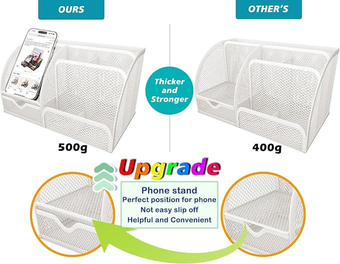 Boutilon Mesh Desk Organizer Desktop Office Supplies Stationary Organizer with 6 Compartments and 1 Drawer Multi-Functional Caddy Pen Holder for Home Office School Desk Decor(White)