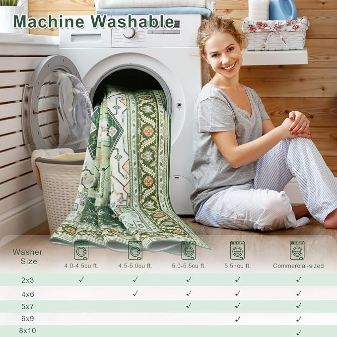 Macgace 4x6 Green White Area Rug for Living Room, Machine Washable Rugs with Non-Slip Backing for Bedroom, Vintage Medallion Carpet Kitchen Laundry Kids Room Decor