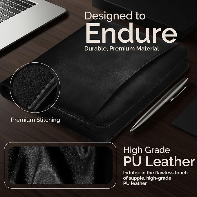 Customized Black Zippered Portfolio Binder - Engraved PU Leather Business Portfolio Organizer - Padfolio for Men & Women with US Letter Notepad, 10.5 Inch Tablet Pocket & Gift Box by Lautus Designs