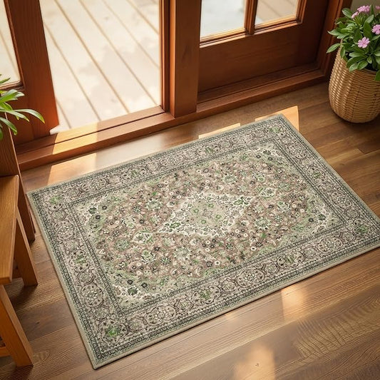 Green Small Washable Area Rug, 2x3 Boho Vintage Entryway Rugs, Soft Non Slip Floral Door Mat, Aesthetic Low Pile Carpet for Front Door Entry Carpets Entrance Bedroom Kitchen