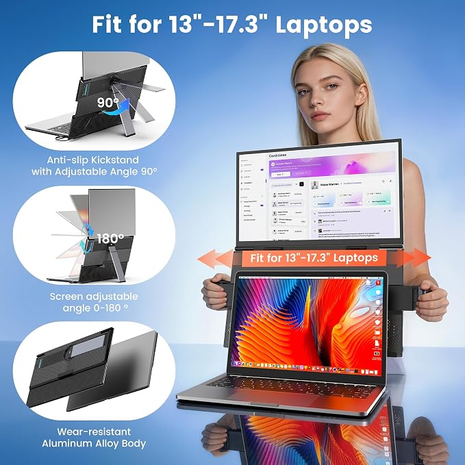 SMISEACOW Laptop Screen Extender 15.6" for 13-17.3'' Laptops, Portable Dual Monitor for Laptop, Ultra-Slim Clamp-On Vertical Dual IPS 1080P Screen Monitor Extender, USB-C HDMI for Office Travel