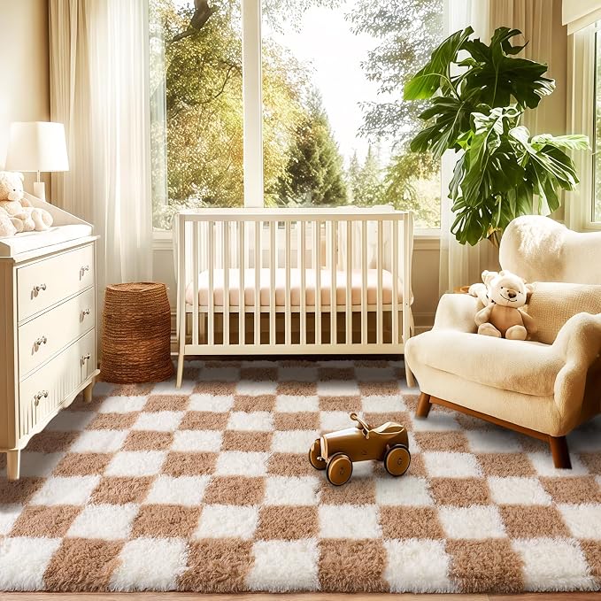 Area Rugs for Living Room 6x9, Ultra Fluffy Checkered Rug Fuzzy Shag Shaggy Carpets for Bedroom, Modern Non-Slip Indoor Soft Plush Furry Rug for Boy Girls Room Dorm Home Decor, Cream and Camel