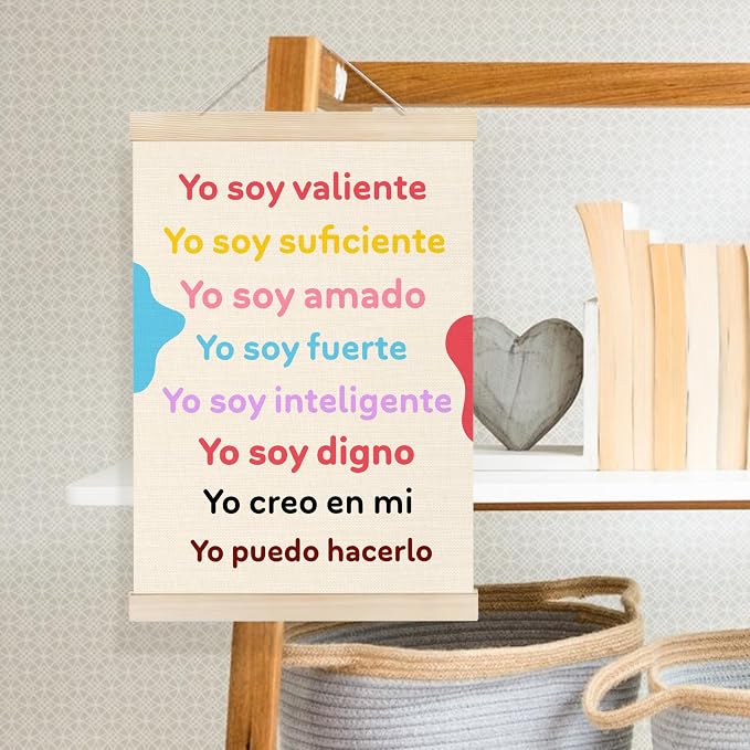 Welshower Boho Spanish Classroom Poster Hanger Frame, Yo Soy Valiente Motivational Inspirational Quotes Wall Art Prints Decor for Classroom Kids Room Nursery Playroom, 12x16 Inch