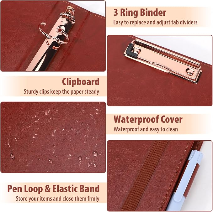 Leather Binder Portfolio with Clipboard 1 Inch, 13" × 11" PU Clipboard Binder with Notepad, 5 Dividers with Pockets, Removable Folder,Labels,Great for School Office(Fit Letter Sized Paper)