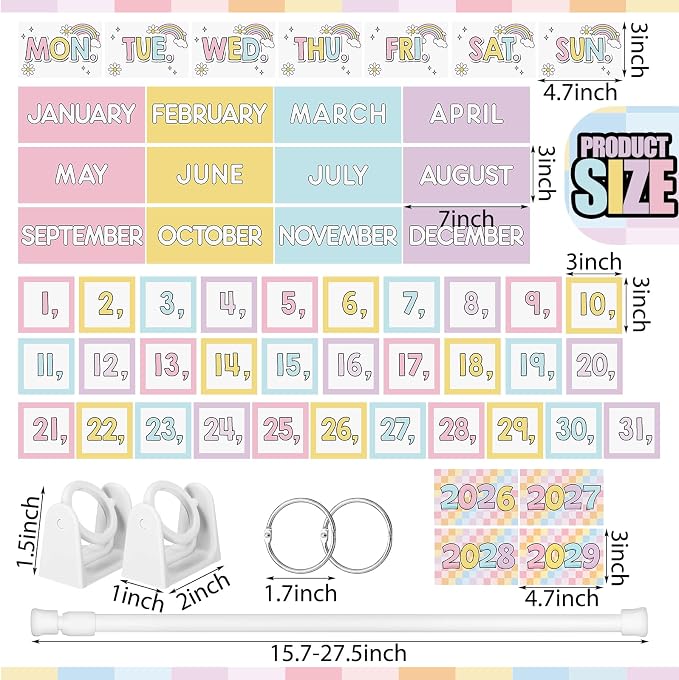 Pastel Rainbow Flip Calendar Bulletin Board Set 54 Date Cards for Teacher Classroom Years 2026-2028 Rainbow Flip Calendar with Adjustable Holder and O-Rings for Back to School Supplies
