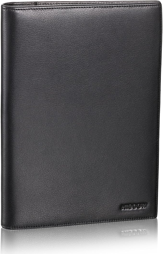 HISCOW Slim Leather Junior Padfolio, 5x8 Notepad Cover, Classic Black | Italian full-grain cowhide, top-loading legal pad holder, rigid pen loop, quick-access card slot, zipperless boardroom design