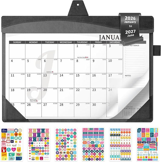 Ospelelf Leather Desk Calendar 2026-2027 with Storage Pocket Protective Cover Large 12"x17" Monthly Planner Pad 18 Months January 2026 - June 2027 Black