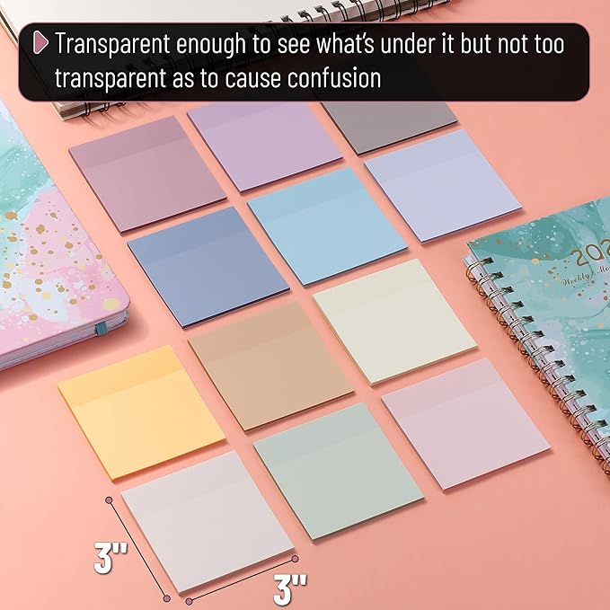 Mr. Pen- Transparent Sticky Notes, 3”x3”, Dreamy Pastel, 12 Pads, 600 Sheets, Bible Journaling Sticky Notes, See Through Sticky Notes, Translucent Sticky Notes, Stocky Notes for Bible Journaling