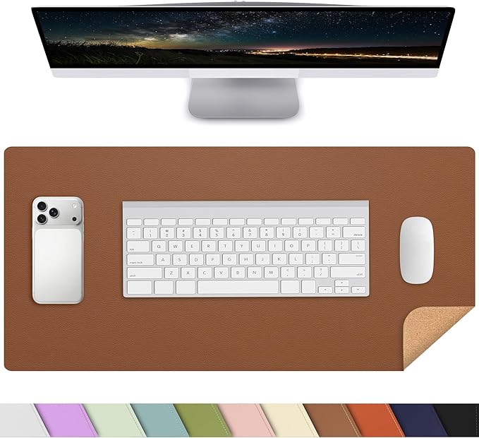 AFIING Leather Desk Mat, Brown, 31.5" x 17", Cork Desk Pad Protector | Dual-Sided Cork & PU Leather Desk Pad, Waterproof, Non-Slip for Mouse, Writing, Office, Home & Study