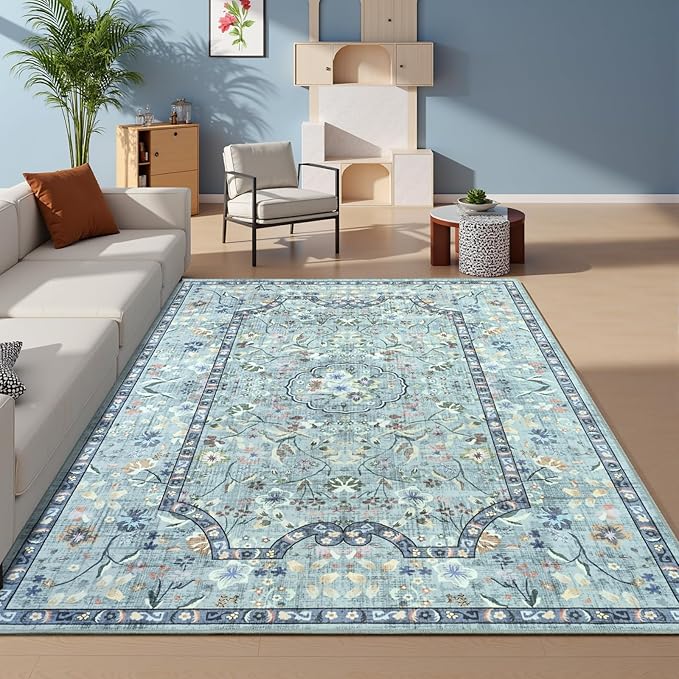 Vasofe 4x6 Area Rug for Bedroom, Washable Rugs for Living Room, Laundry, Kitchen, Vintage Floral Indoor Non Slip Carpet Farmhouse Blue Throw Carpets Soft Low Pile Mat for Dorm Bedside Office