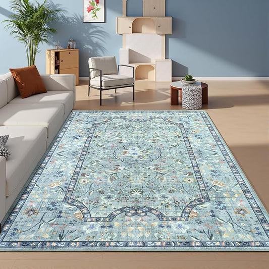 Vasofe 4x6 Area Rug for Bedroom, Washable Rugs for Living Room, Laundry, Kitchen, Vintage Floral Indoor Non Slip Carpet Farmhouse Blue Throw Carpets Soft Low Pile Mat for Dorm Bedside Office