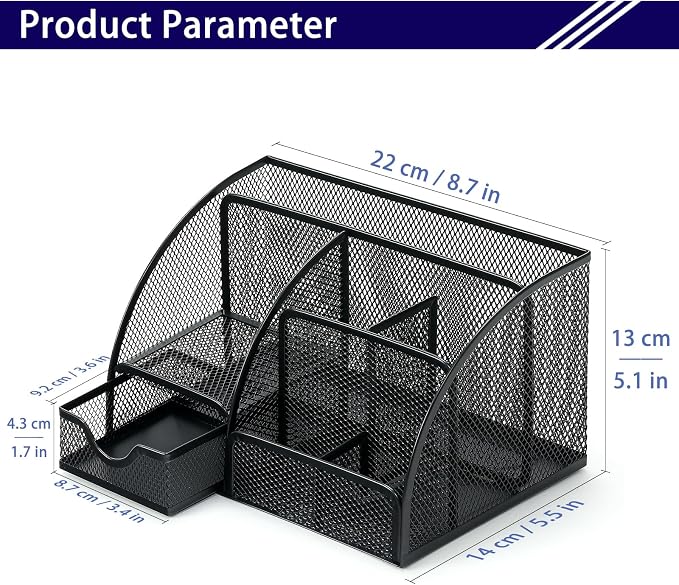 Boutilon Mesh Desk Organizer Desktop Office Supplies Stationary Organizer with 6 Compartments and 1 Drawer Multi-Functional Caddy Pen Holder for Home Office School Desk Decor(Black)