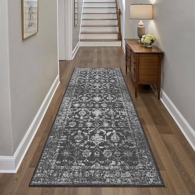 3x7 Black Runner Rug Hallway Washable Area Rugs Kitchen Vintage Boho Non Slip Long Rug Floral Carpet Indoor Retro Soft Low Pile Throw Rug for Bedroom Bathroom Laundry Dining Living Room Office