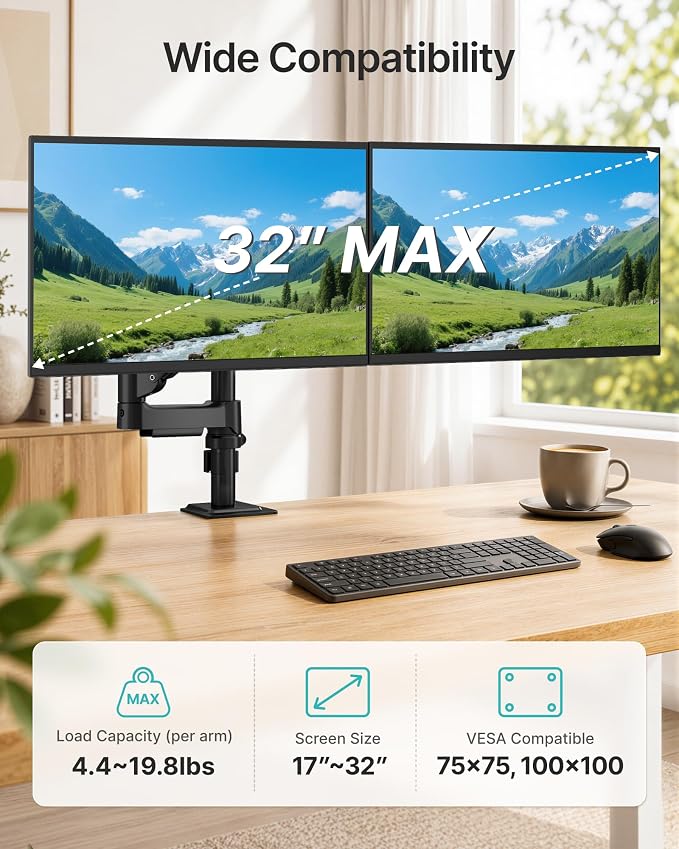 Dual Monitor Stand for 17-32 Inch Screens, Gas Spring Arms | Full Motion Mount with Cable Management, Support up to 19.8 lbs，Computer Monitor Arm with Clamp/Grommet Base