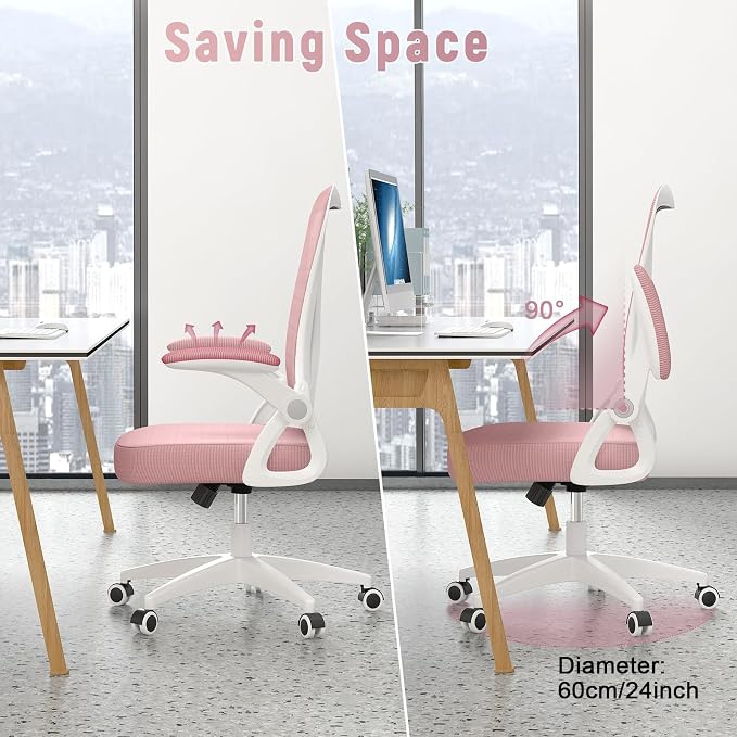 naspaluro Home Office Desk Chair Mid Back with Adjustable Height Pink | Comfy Ergonomic Chair with Flip-Up Arm and Lumbar Support, Breathable Mesh Swivel Computer Chair for Study Working Teacher