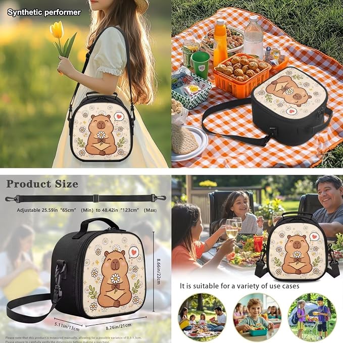 Capyabara Backpack for Girls 7-10, 4PCS School Backpack Set with Lunch Box, Pencil Case & Water Bottle Sleeve, Daisy Flower 17 Inch Book Bag for Elementary Back to School