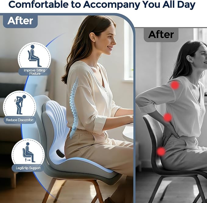 Seat Cushion for Office Chair Car, L-Shaped Ergonomic Seat Cushions,Memory Foam Orthopedic Cushion with Coccyx Hollow,Lumbar Support & Tailbone Pain Relief for Car, Truck, Home,Blue & Gray