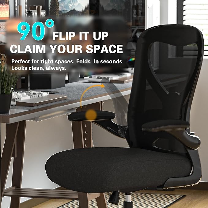 Ergonomic Home Office Chair – 4-Way Lumbar Support, 3.54" Extra-Thick Seat Cushion, Breathable Mesh Back, Flip-Up Arms, Swivel Computer Desk Chair for All-Day Sitting, 330LBS