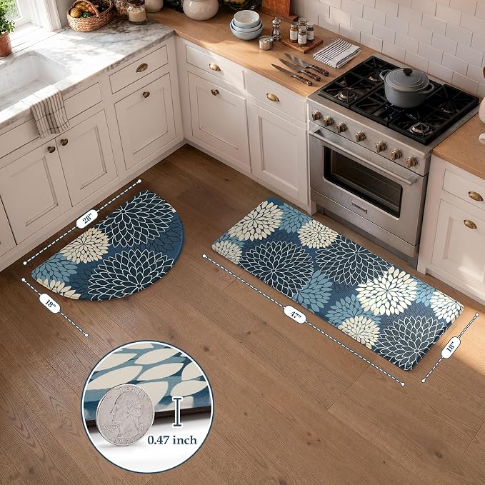 KIMODE Half Circle Anti Fatigue Mats for Kitchen Floor Rug Sets of 2 | 18"x28+18"x47",Blue,Dahlia Floral Boho,Kitchen Rug Sets of 2,Non Slip,Waterproof,for Sink Office Laundry Bathroom Decor