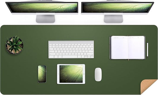 AFIING Leather Desk Pad Protector, Large Desk Mat with Natural Cork & PU Leather, Mouse Pad, Non-Slip, Waterproof Desk Writing Pad for Office and Home, Military Green