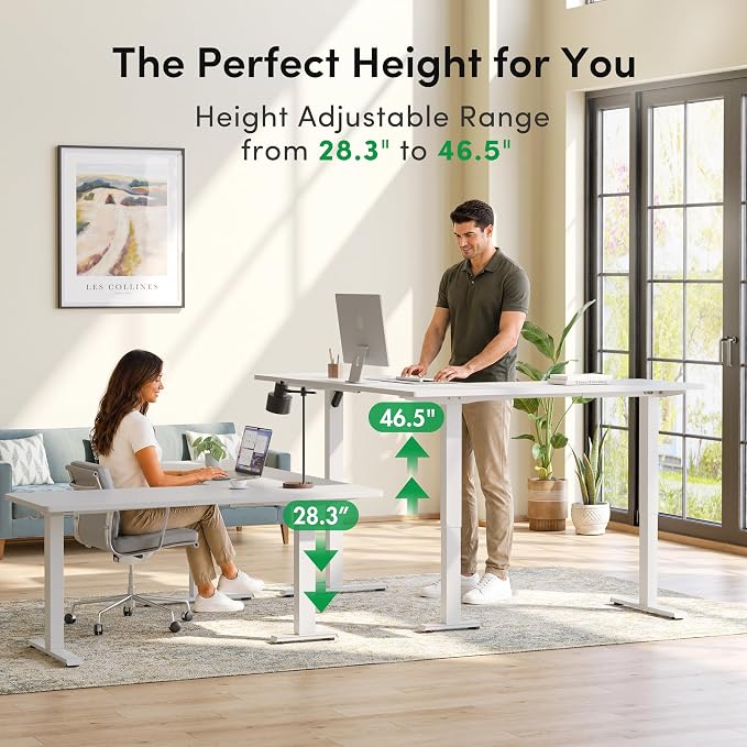 FEZIBO 75" x 63" L-Shaped Standing Desk - Adjustable Corner Desk L Shape, L-Shaped Adjustable Desk with Splice Board, L Shape Standing Desk, White