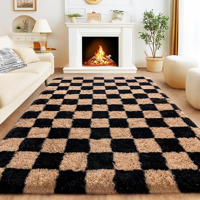 Area Rugs for Living Room 6x9, Ultra Fluffy Checkered Rug Fuzzy Shag Shaggy Carpets for Bedroom, Modern Non-Slip Indoor Soft Plush Furry Rug for Boy Girls Room Dorm Home Decor Aesthetic, Black & Beige