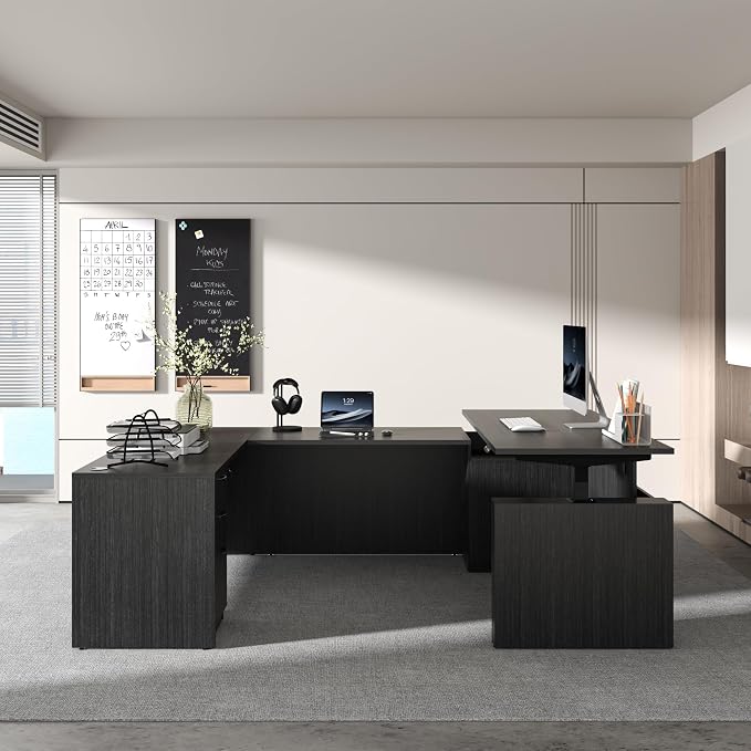 100.4'' U-Shaped Executive Standing Desk with Pre-Assembled Frame & Lockable Cabinets, Height Adjustable Dual-Motor Sit-Stand Workstation for Corporate & Home Office (Grey-U)