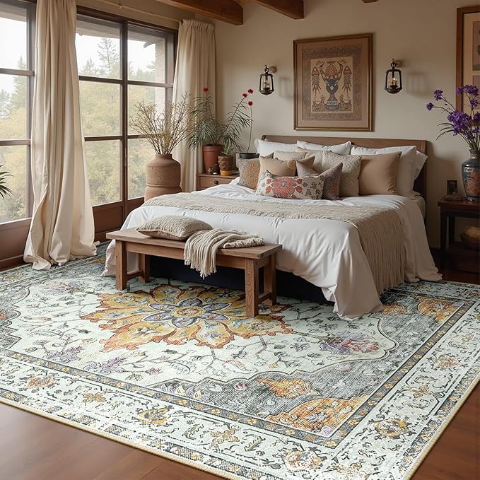 RELEANY Area Rugs Large 10'x12' Washable Non-Slip, Floral Vintage Distress Medallion Carpet for Living Room Bedroom Dining Room, Beige Carbon Grey Orange