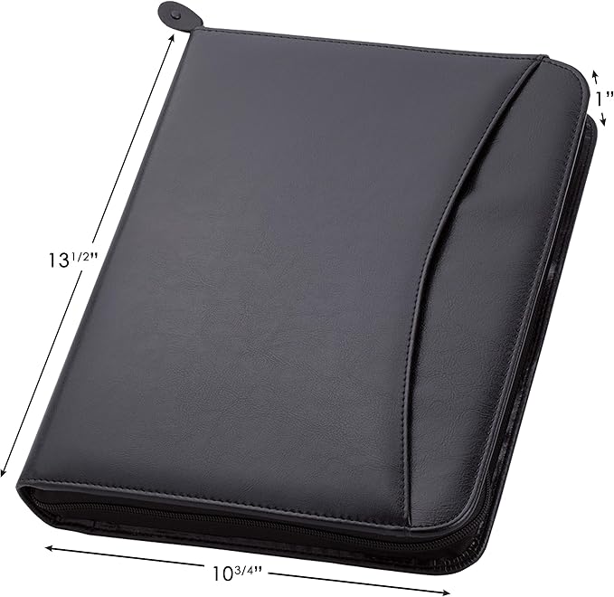 Travigo 3-Ring Zipper Portfolio Binder | 1.25" Faux Leather Padfolio with Zipper for Women & Men | Professional Business Portfolio Folder with Writing Pad, Gusseted File Pocket, ID Window (Black)